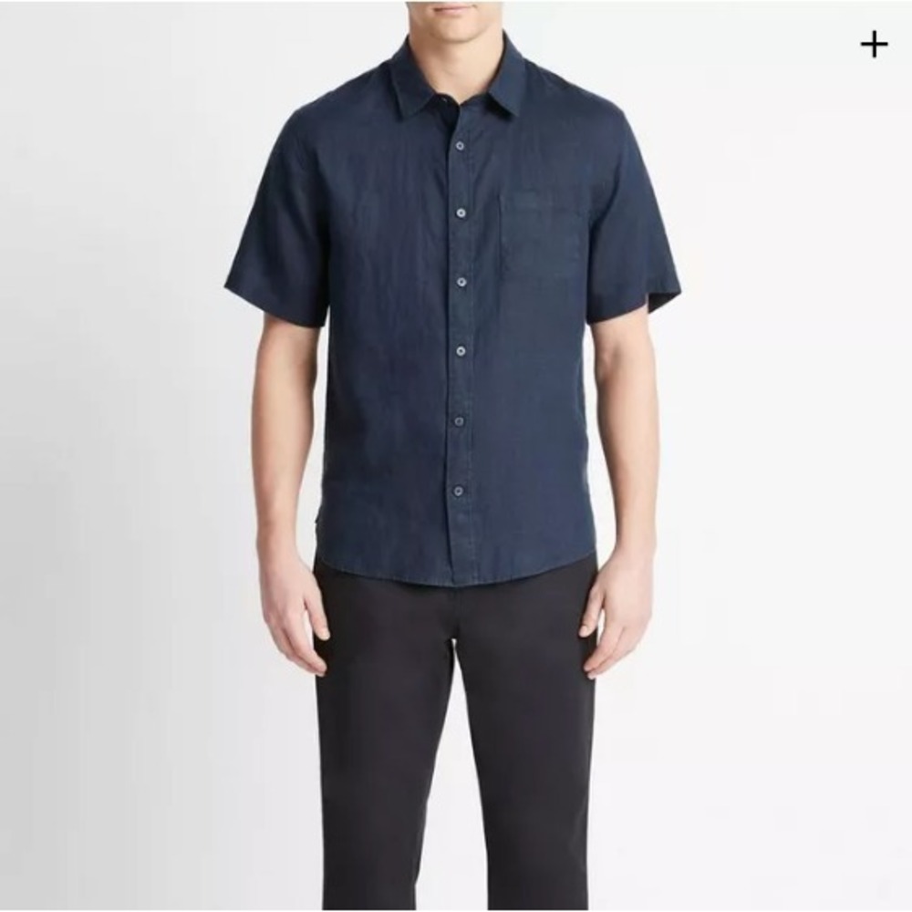 Vince Mens Short Sleeve Linen Shirt Button Down Navy Blue Solid XXL 2XL